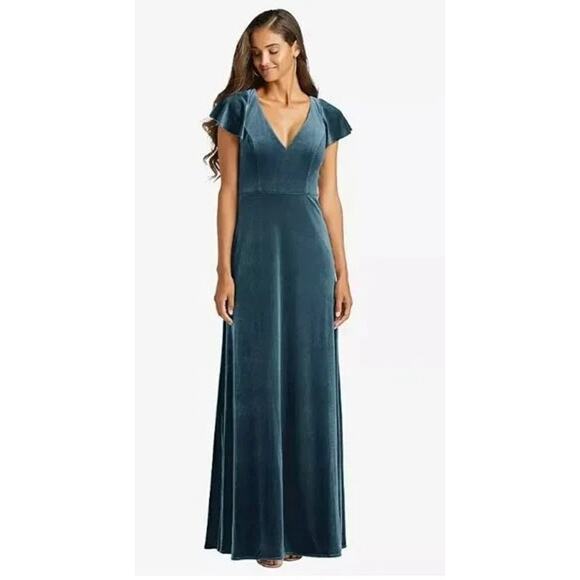 NWT After Six Lux Velvet Flutter Sleeve V Neck Maxi Dress Pockets 6 Dutch Blue - Picture 1 of 15